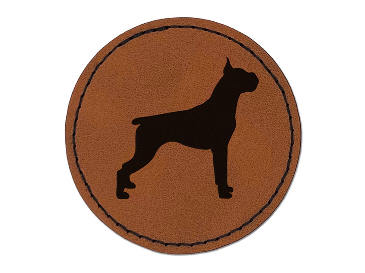 Boxer Dog Solid Round Iron-On Engraved Faux Leather Patch Applique - 2.5"